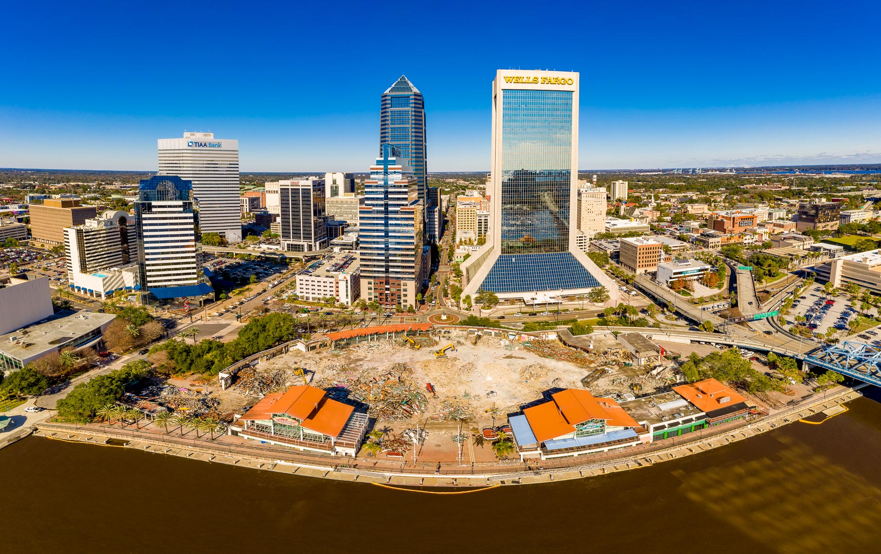A drone shot of the demolishing of the Jacksonville Landing