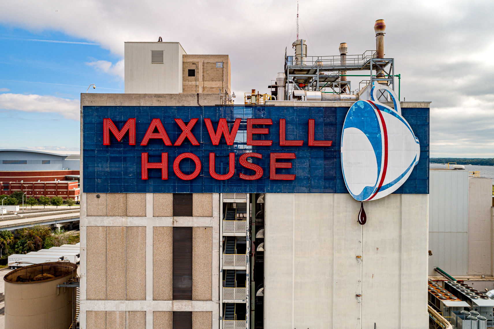 Aerial drone exterior of the Maxwell House Coffee plant in Jacksonville Florida