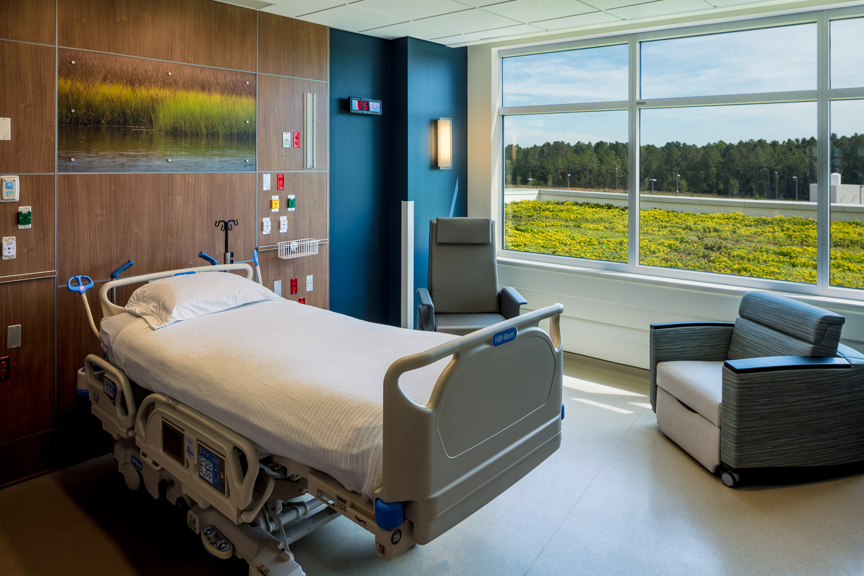 A patient room interior in a hospital