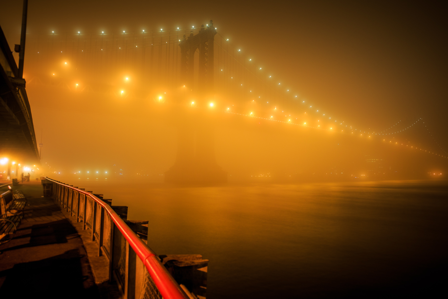 The Manhattan Bridge and Brooklyn Bridge in Dense Fog